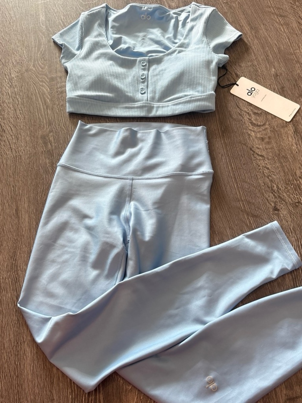 ALO Yoga Ribbed Cropped Top & High-Waist Leggings Set in Light Blue - Picture 4 of 6